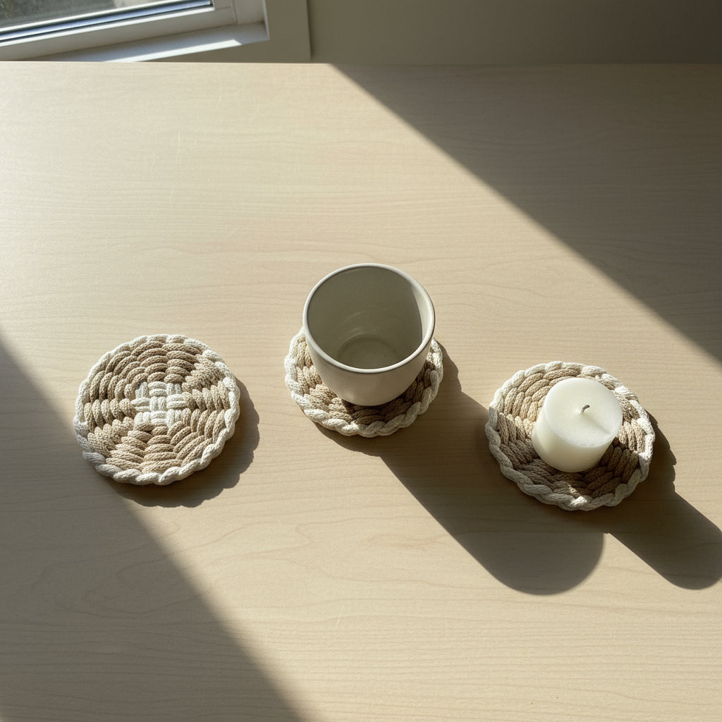 Handwoven macrame coasters and a ceramic cup and a candle on a wooden table
