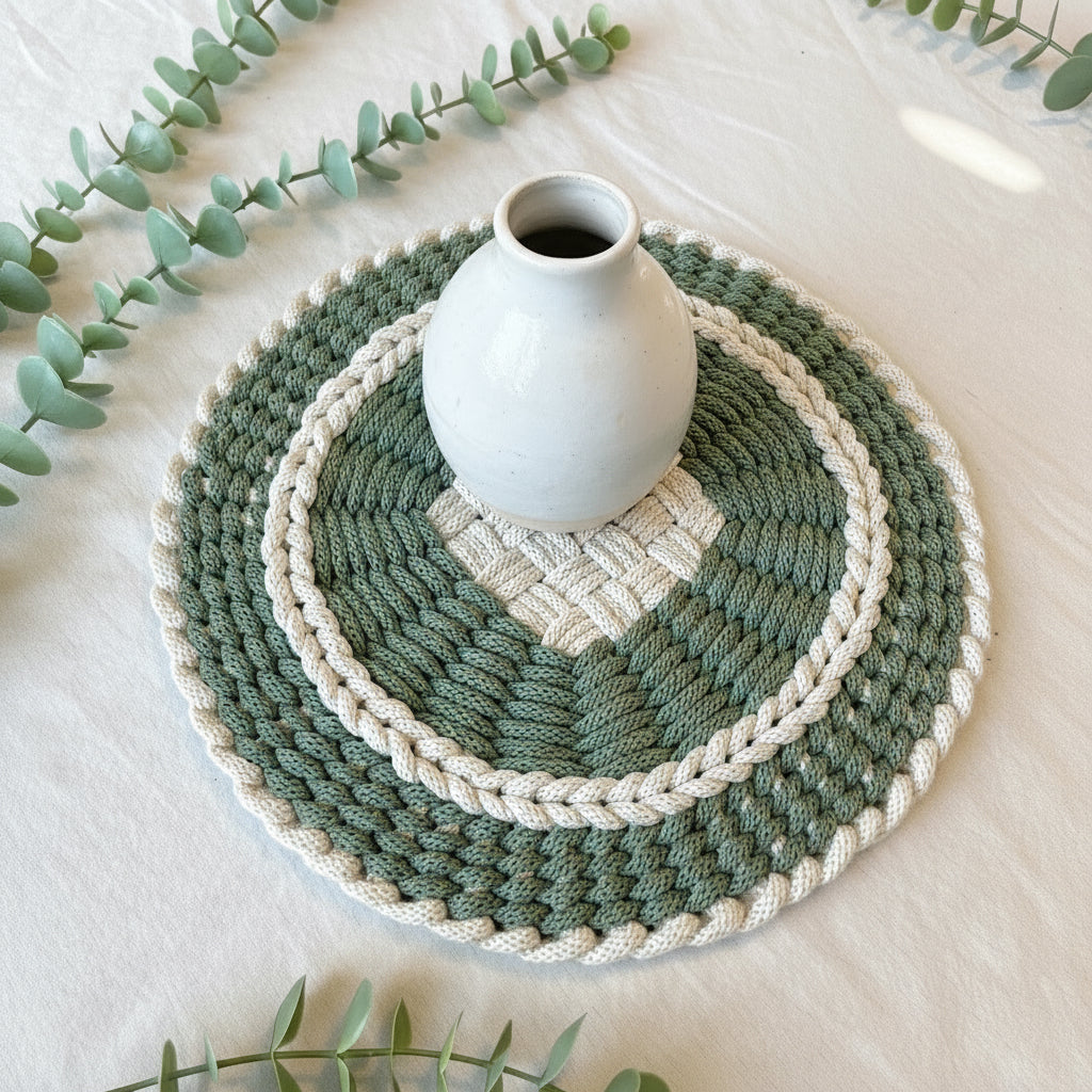 green and beige braided table decor mat on a light surface with green leaves.