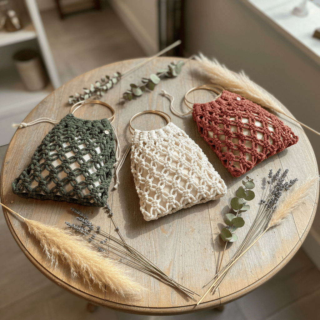 Three woven macrame net bags in green, white, and red on a wooden surface with dried plants.