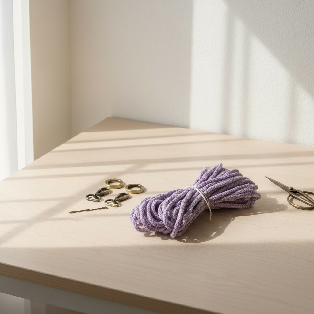 Purple rope on a wooden table with gold hooks and scissors.