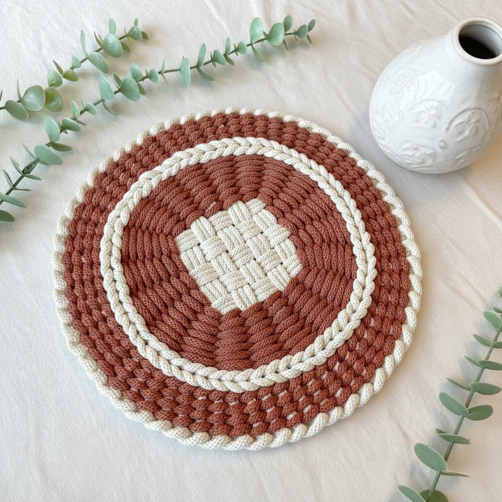 Woven macrame brick and beige trivet with a matching coaster on a light background.