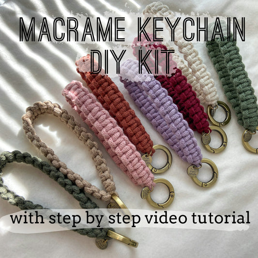 Macrame keychain DIY kit with colorful keychains and gold key rings on a white background.