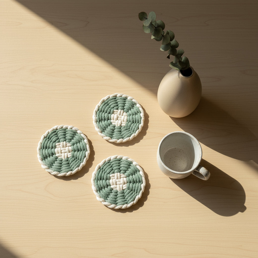 Handwoven macrame coasters and a ceramic cup and a candle on a wooden table