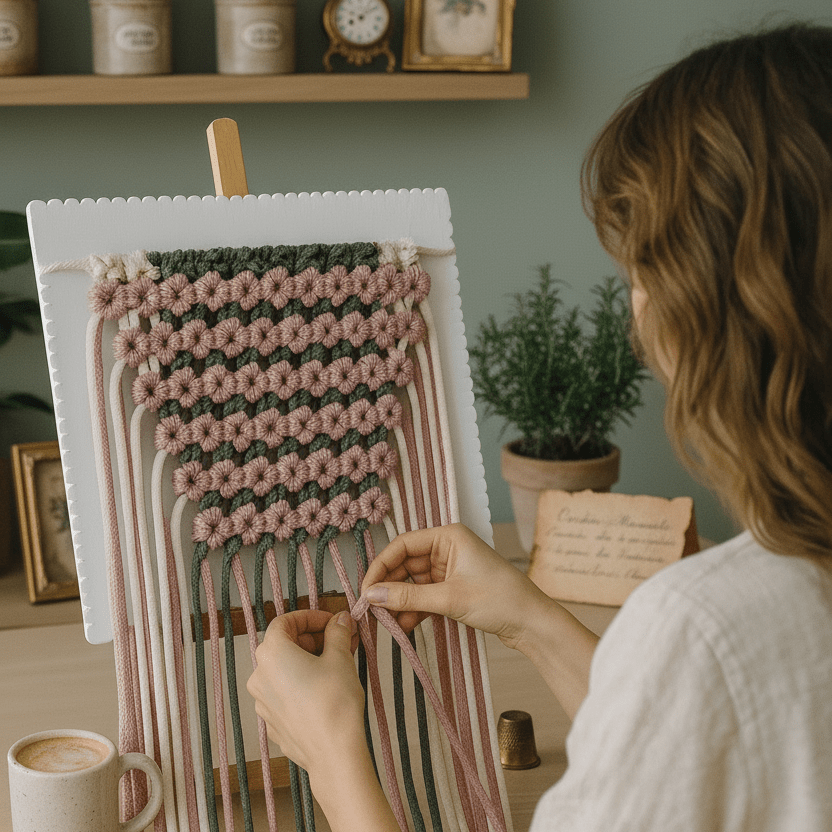 Person working on a macrame diy bag project with a cup of coffee nearby.