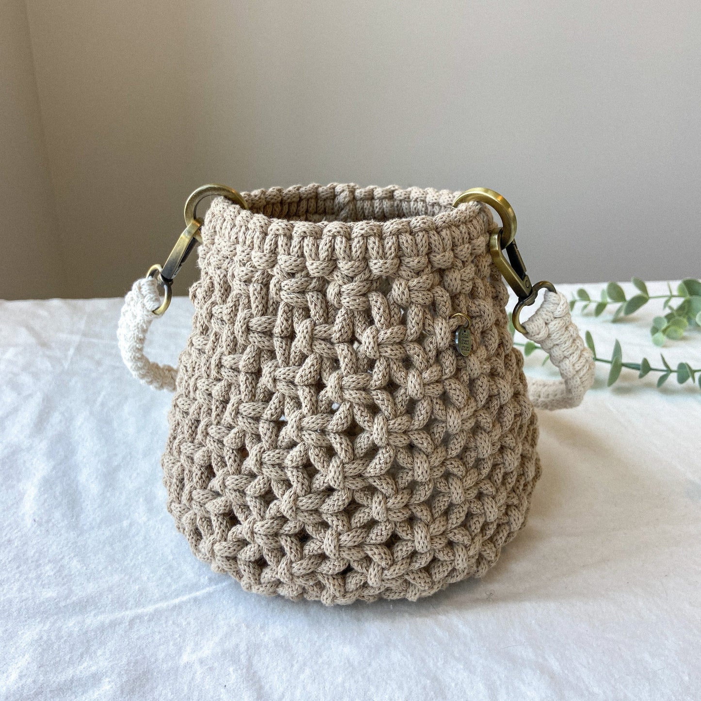 Flora Street Atelier Handmade Macrame Bag "Oak Barrel" Macrame Basket Bag with a Shoulder Strap