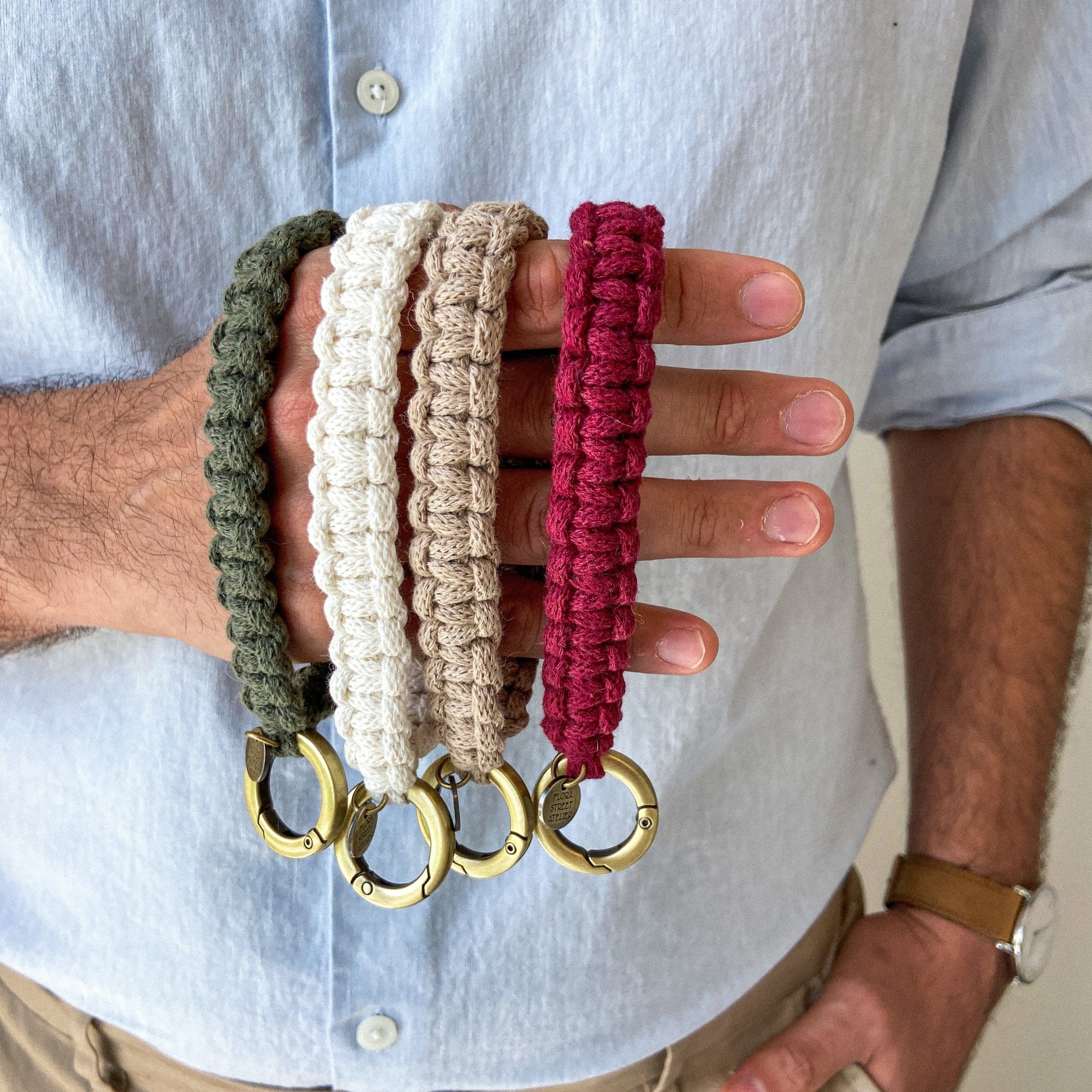 Flora Street Atelier Handmade Macrame Keychain "To go coffee" Macrame Key Ring | Wrist Strap